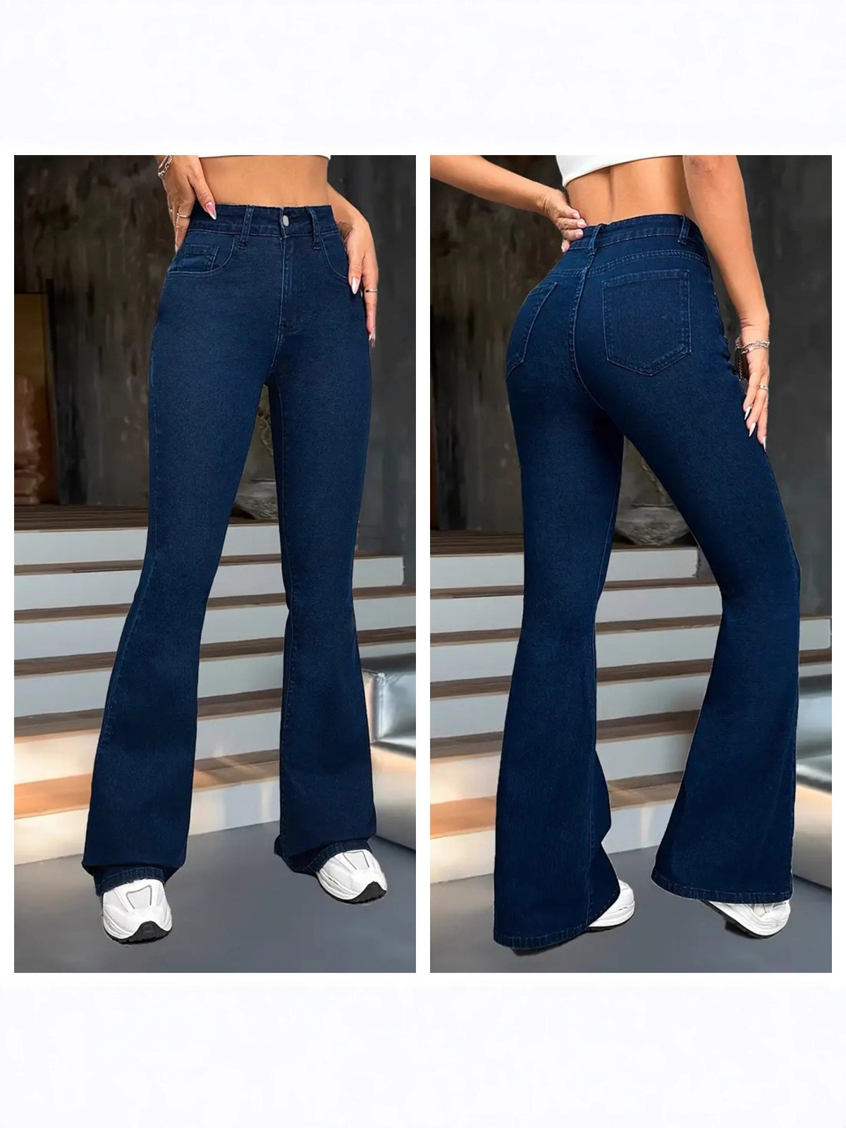Cross-border European and American women's jeans stretch simple multi-craft dark blue pants are versatile and slim and slim and flared long