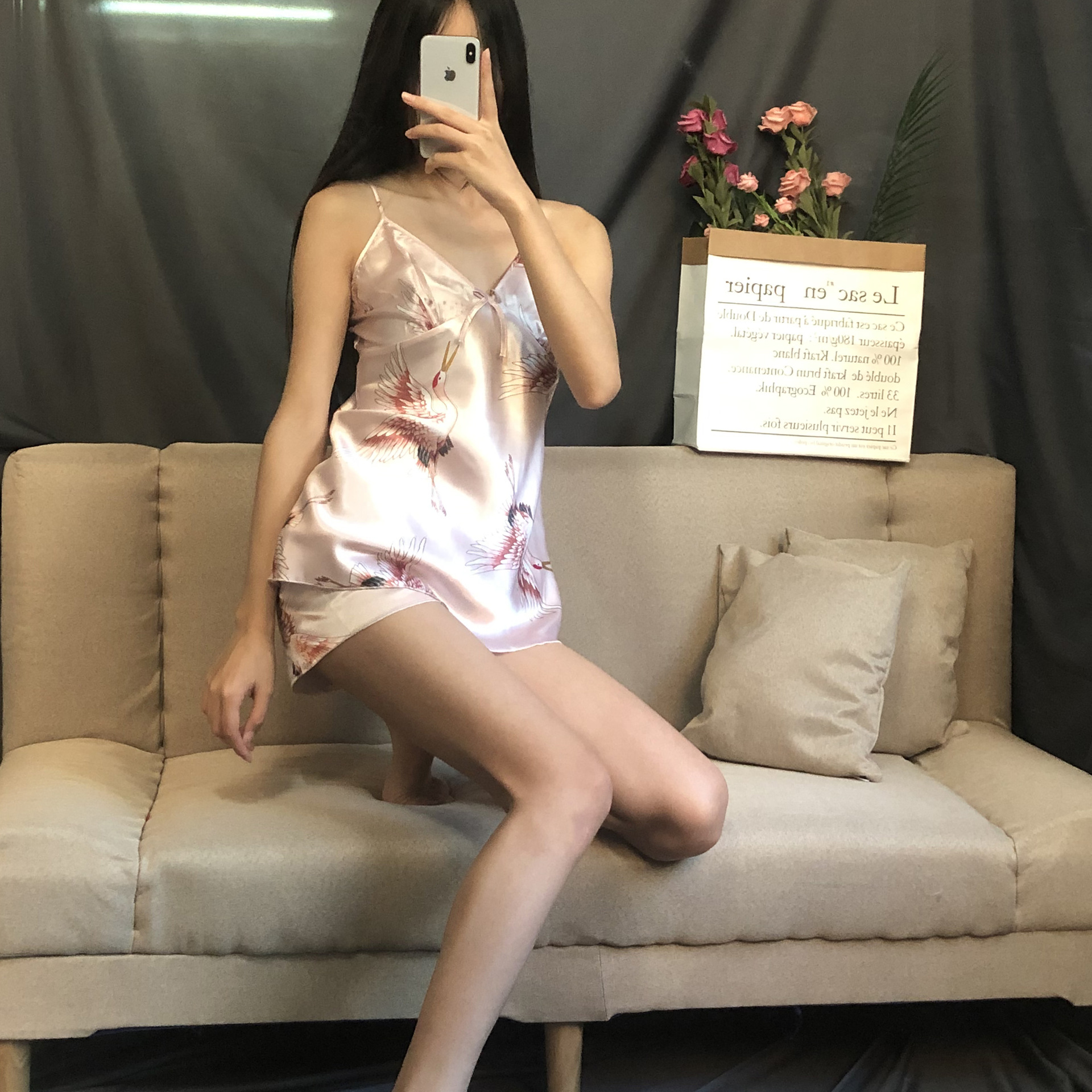 Picture of Cross-border crane nightgown shorts large size suspender skirt set ice silk nightgown set factory outlet
