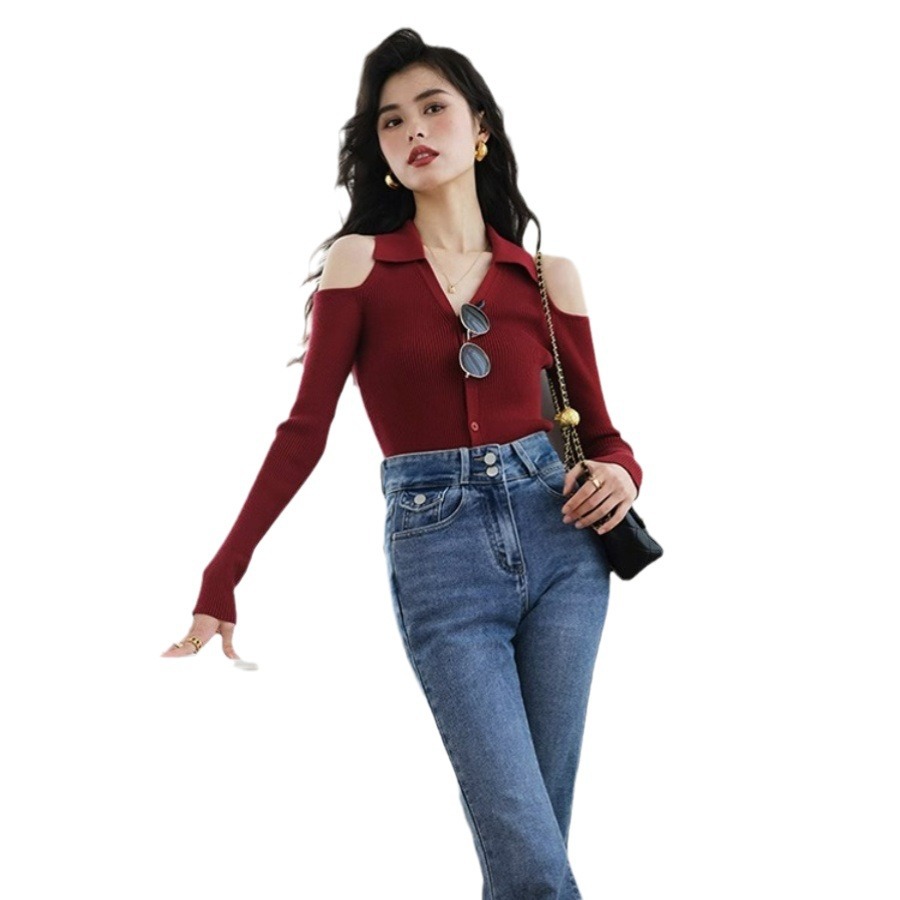 Picture of Polo Collar Knitted Cardigan Red Base Shirt Women's Autumn and Winter Western-style Fur Inner Sweater Hanging Neck Shoulder Top