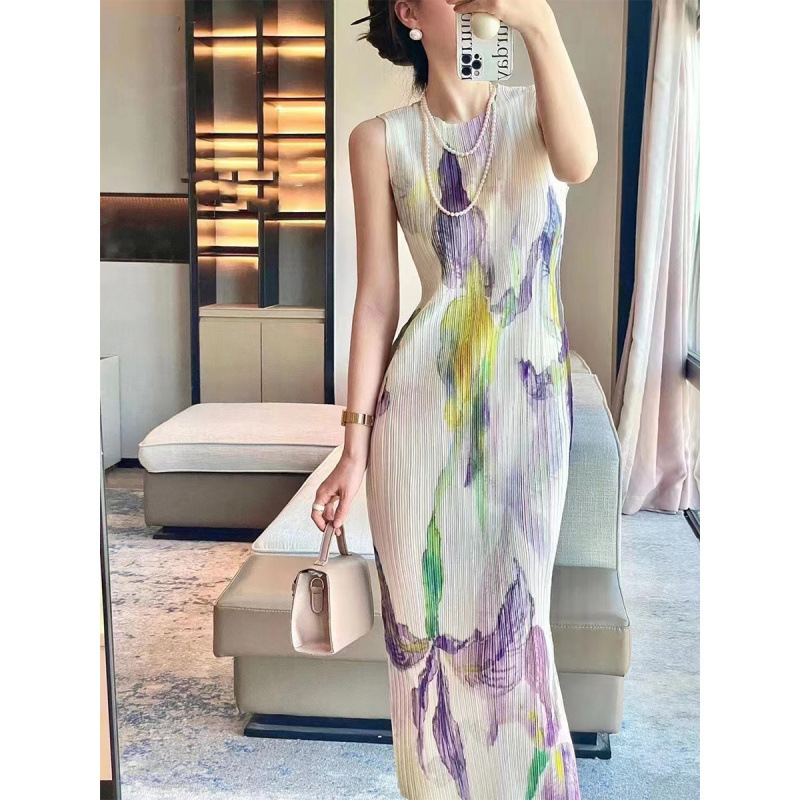 Quality Inspection Official Picture Summer New Style Printed Elegant Elegant High-End Slim Elegant Round Neck Sleeveless Pleated Dress