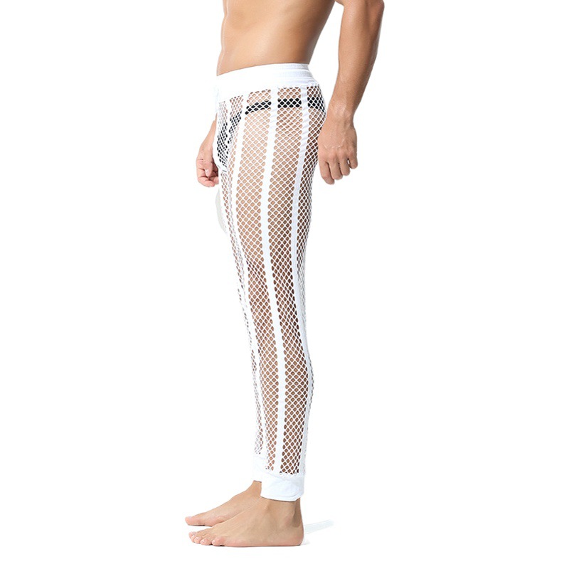 Summer Casual Men's Trousers Breathable Tie-legged Pajama Pants Wide Belt Hollow Mesh Striped Sexy Sports Pants