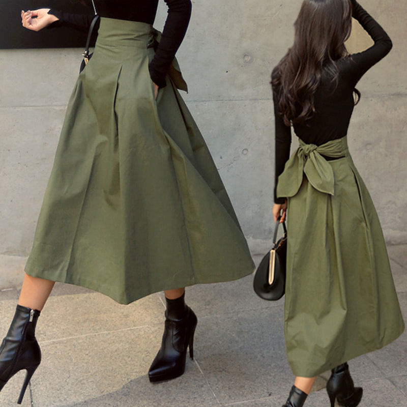 Multiplication three-color skirt 2020 Spring and Autumn A- line skirt umbrella skirt super popular bow large swing skirt slim waist length