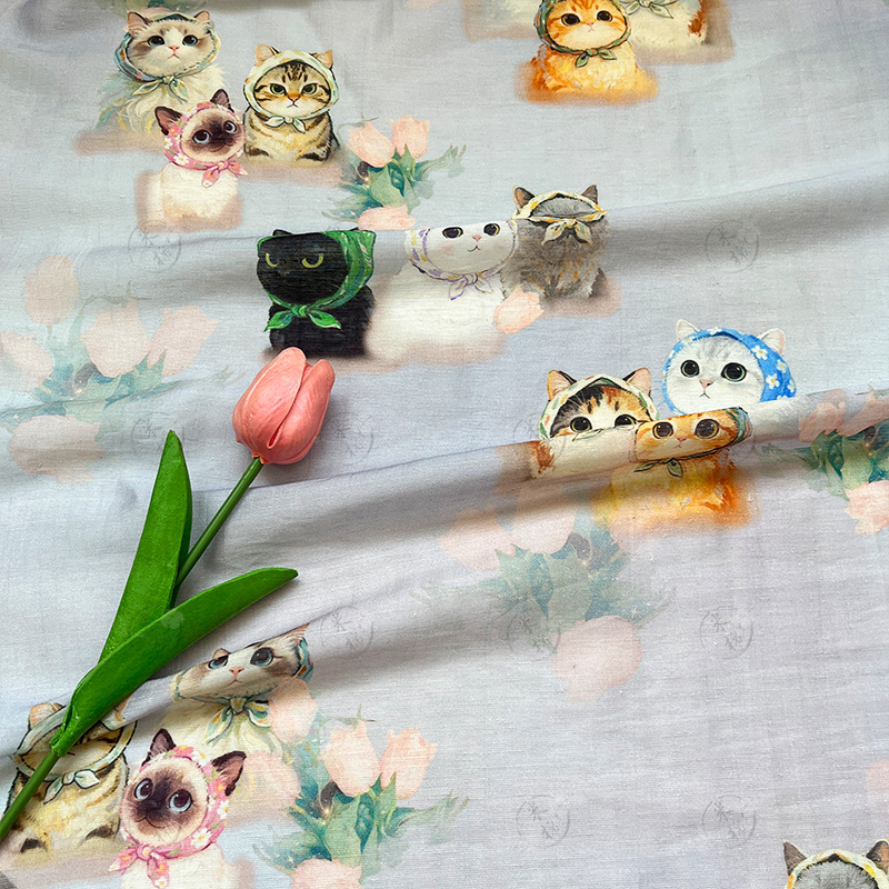 Headscarf cat New Chinese style handmade fabric Tencel linen fabric gauze skirt Hanfu shirt cheongsam fabric