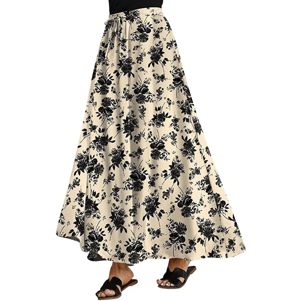 Ready Stock Cross-Border European and American Style Women's Skirt, Large Flared Skirt, Elastic Waist with Tie, Double Pocket Skirt (Good Quality)