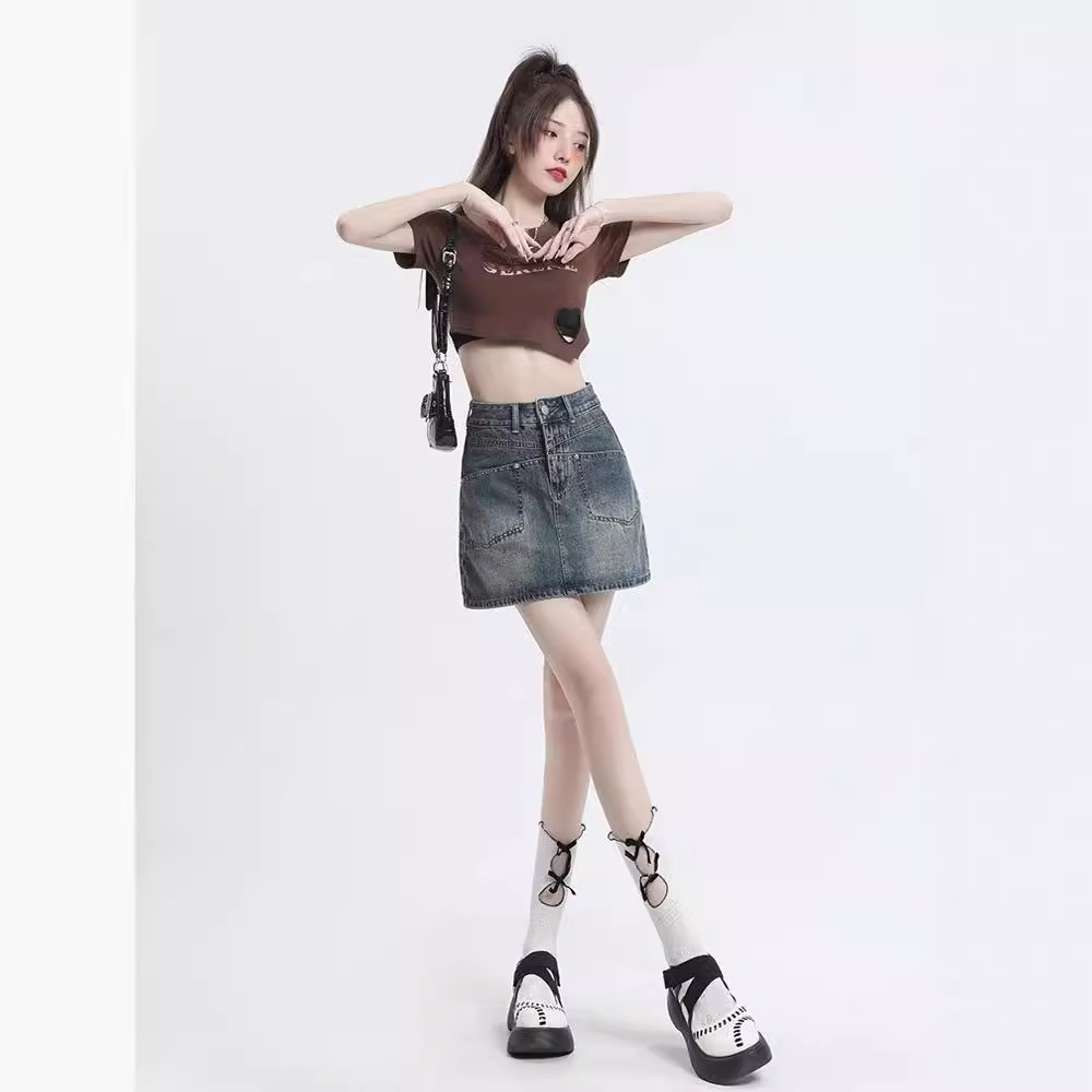 Summer Retro Denim skirt women's hot girl high waist slimming skirt A- line hip skirt stretch skirt ins fashion