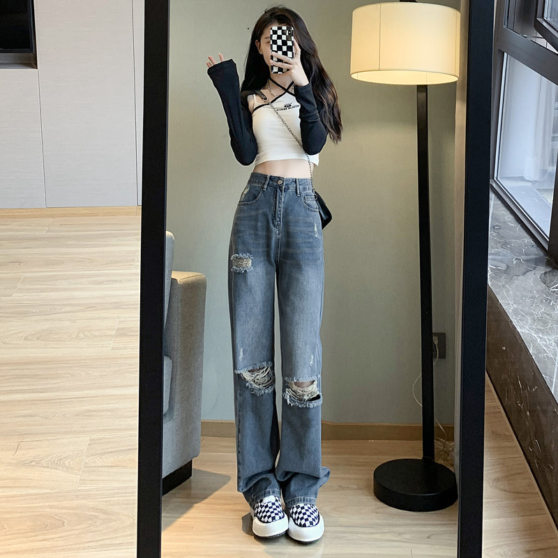 Spring 2024 New Style MM High Waist Straight Loose Wide Leg Mopping Pants Large Size Beggar Ripped Jeans Women