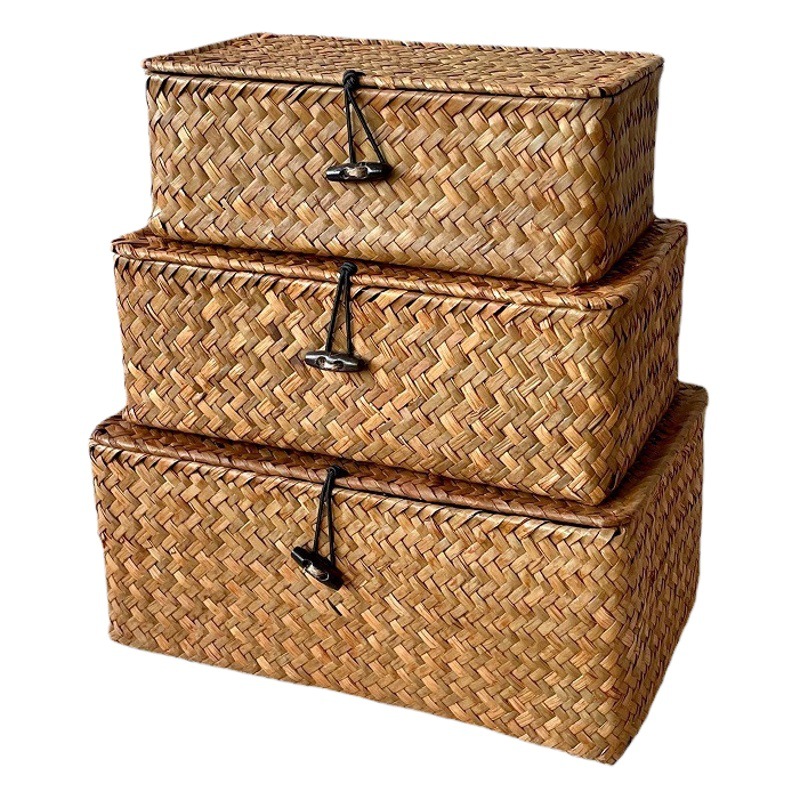 in stock bamboo basket gift box wedding handmade seaweed woven storage box with lid rectangular rattan hand gift box wholesale