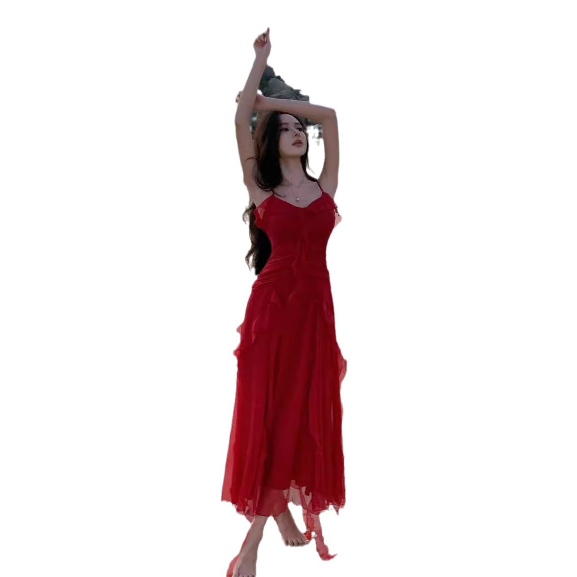 Picture of French Vacation Style Vintage Sling dress Red Engagement Dress Tight Waist Slimming Ruffled Beach Long Dress