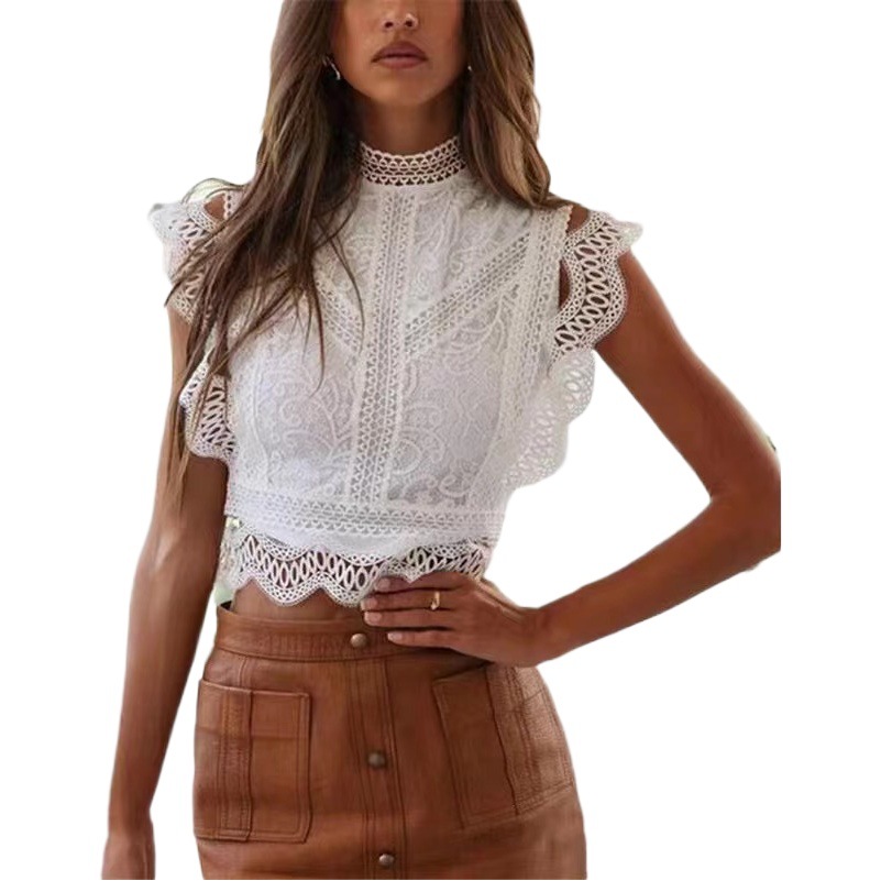 2024 Summer New Amazon European and American Hot Selling Sexy Hollow Solid Color Geometric Picture Women's Top Lace Chiffon Shirt