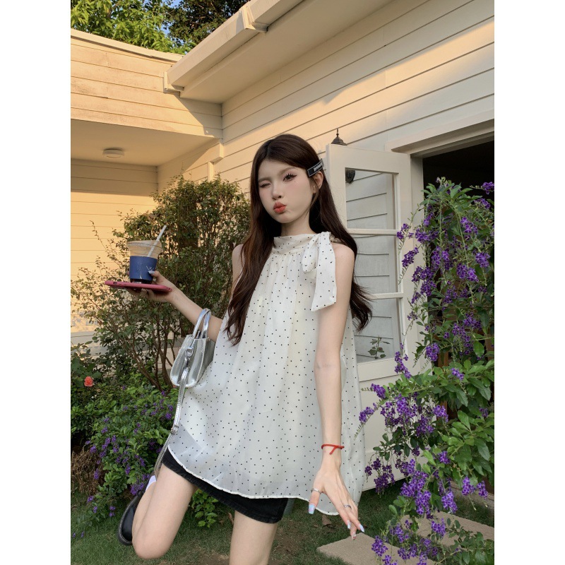 Real Shot Design Sense Bow Neck Sleeveless Vest Women's Summer Niche Loose Outer Wear Polo Dot Top