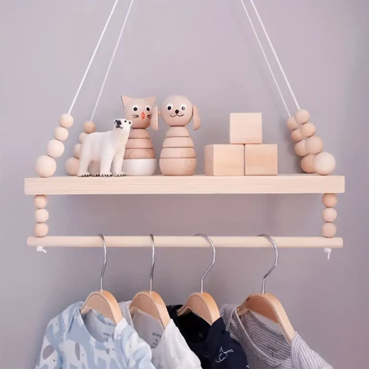 Ins Macaron Wooden Beads Tassel Storage Rack Children's Room Decoration Storage Wall Shelf Bohemian Style Plant Wall Shelf