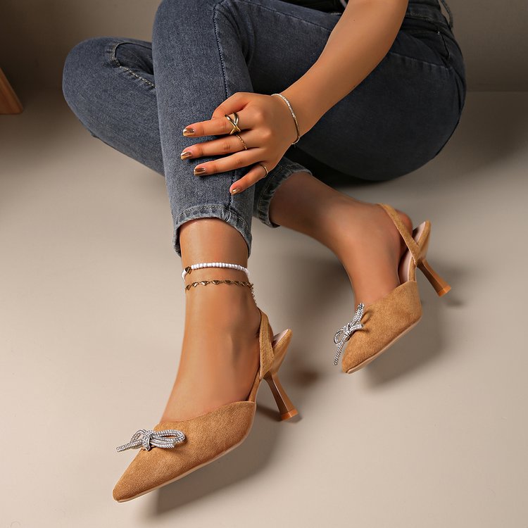 Foreign Trade Cross-border Women's Shoes plus size European and American Pointed Empty Sandals Rhinestone Bow High Heeled Muller Shoes