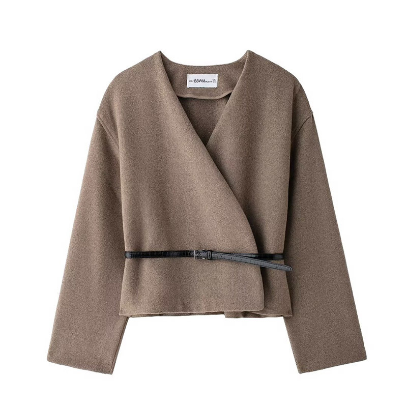 Autumn and winter intellectual wind soft V-neck khaki belt women's coat 2024 European and American wind long sleeve fashion top