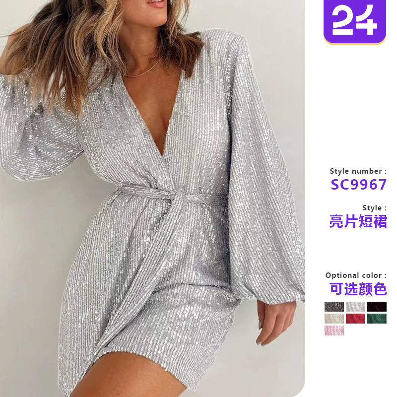 2025 New European and American Cross-Border Amazon Direct Sales Holiday Party Fashion Sequined Long-Sleeved Dress Jumpsuit