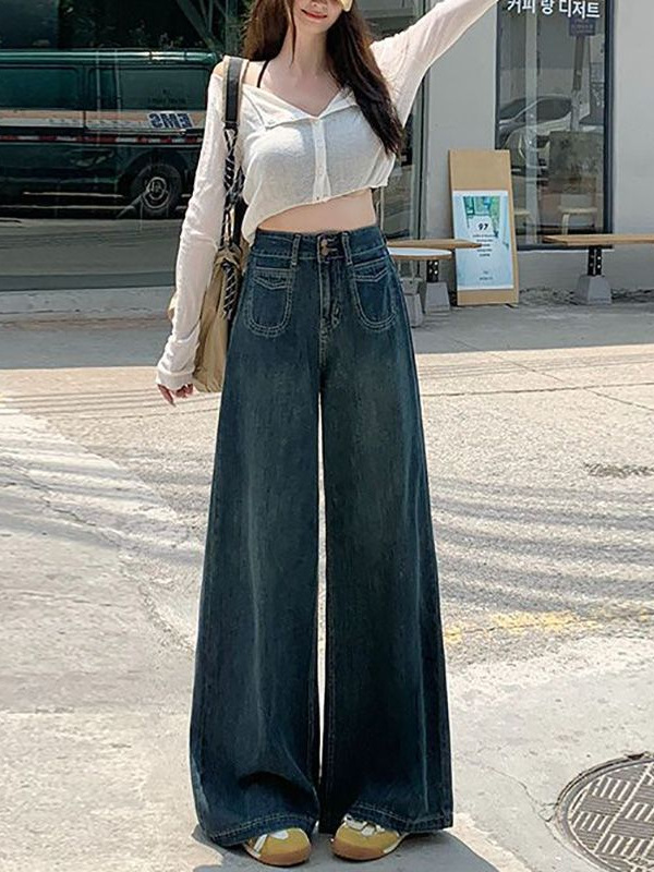 Lazy and Relaxed Dark Blue Wide-Leg Jeans for Women in Autum Fat mm Loose Slimming Look Draped Floor-Length Fleece-Lined Pants