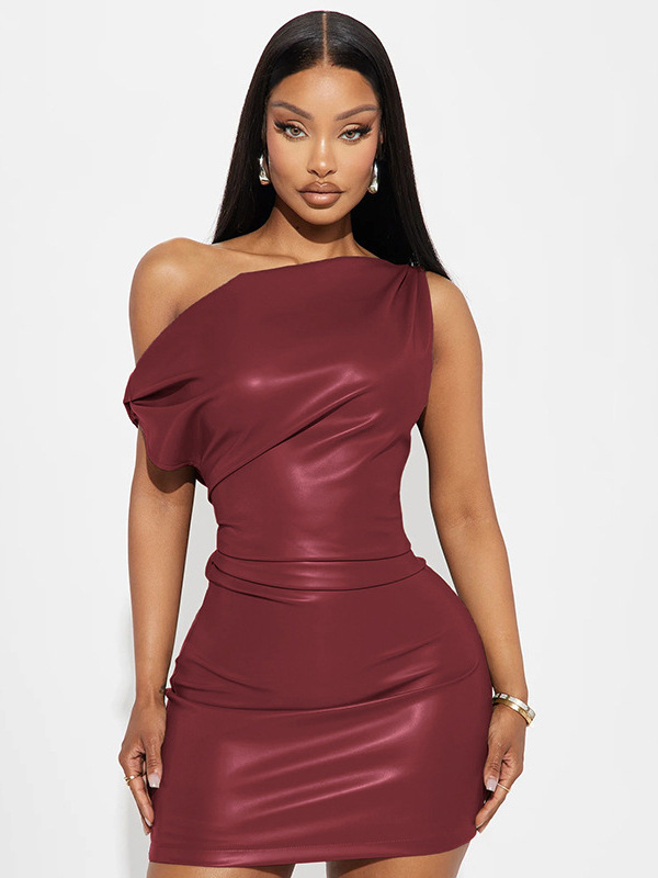 European and American Style Fashionable Pu Leather Pure Color Splicing Sexy Sloping Shoulder Slim Fit Hip-Hugging Short Dress