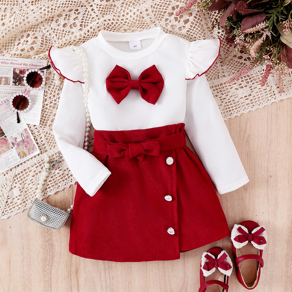 Amazon Girls Girls White Bow Long Sleeve Top Red Skirt Two-piece Set
