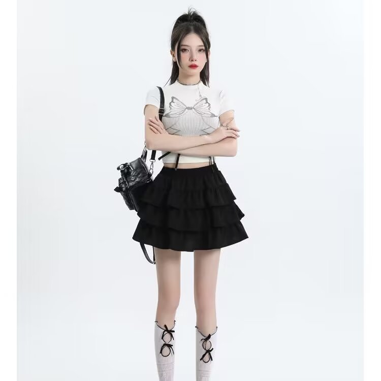plus size princess puffy cake skirt skirt women's spring and summer elastic high waist slimming A- line pleated short skirt trendy