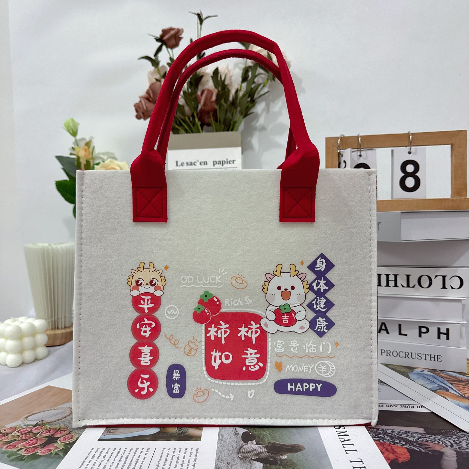 Picture of Trendy Felt Tote Bag with Simple Forest-Style Print, Versatile Large-Capacity Shoulder Felt Bag for Storage