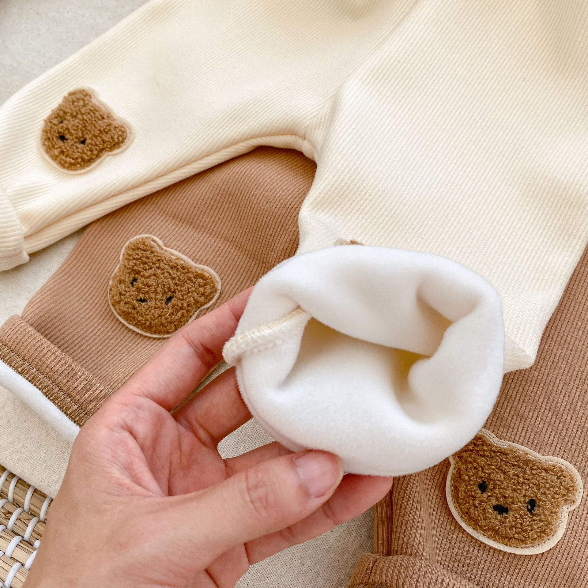 Picture of Winter new boys and girls baby fleece-lined leggings comfortable cute bear three-dimensional embroidered casual warm pants