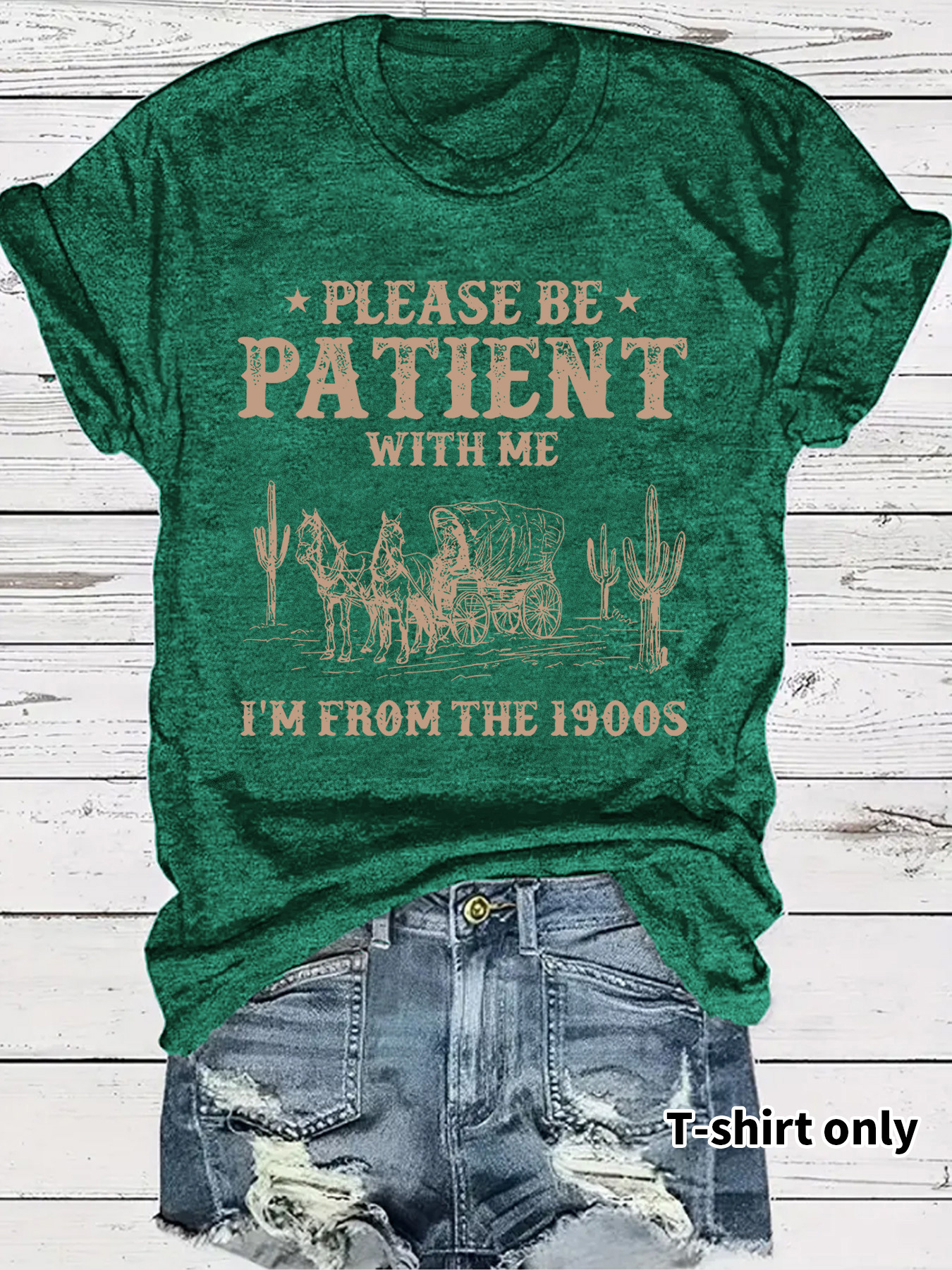 Picture of European and American Short-Sleeved Women's T-Shirts Summer Women's Clothing Western Denim Retro Pattern Round Neck Short-Sleeved Casual Fashion Export Hot Style