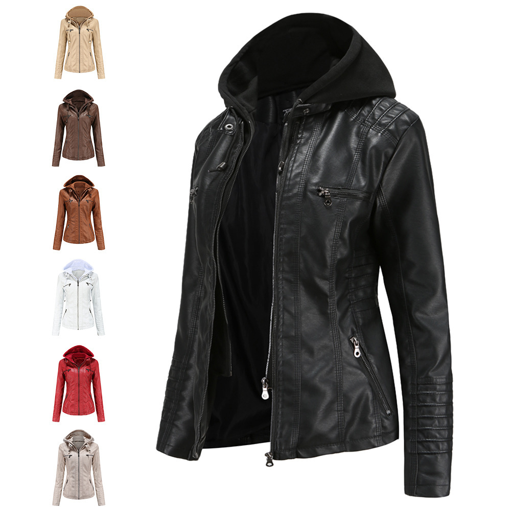 European and American Cross-border Hooded Leather Jacket Two-piece Set Removable plus size Leather Jacket Women's Spring and Autumn Coat Women's PU Washable Leather