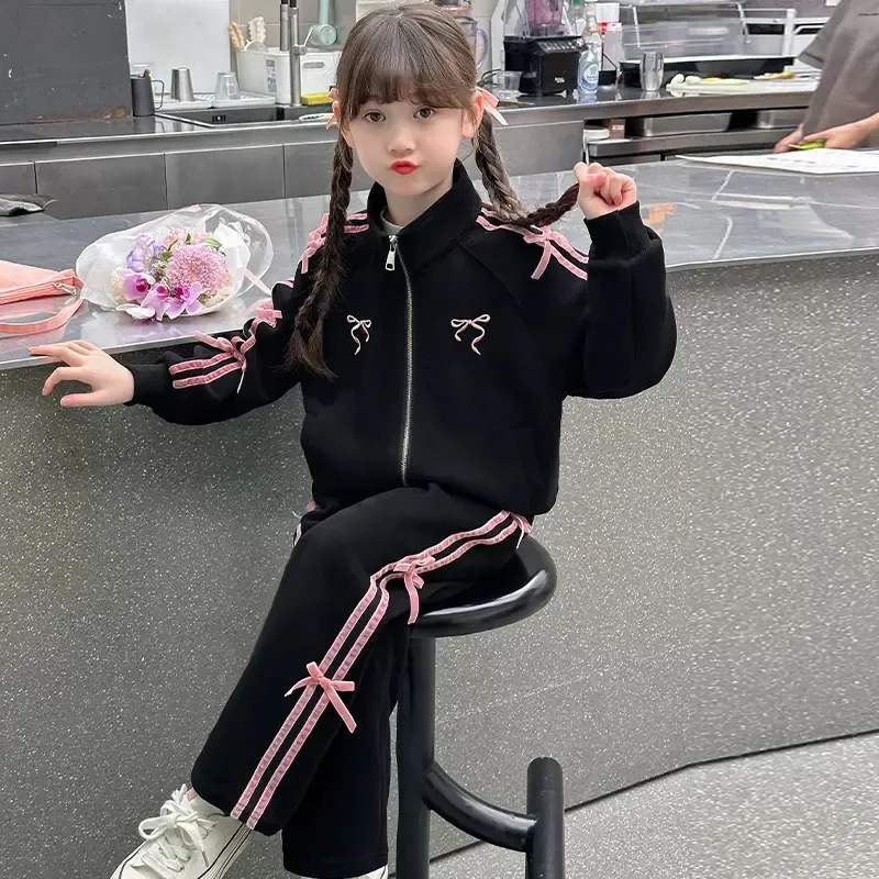 Children's Girls Fashion Stylish Bow suit Girls Spring and Autumn New Leisure Sports Style Two-piece Set