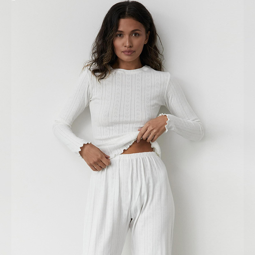 Cross-border European and American 2025 Spring Knitted Hollow-out Love Jacquard Pajamas Two-piece Long-sleeved Trousers Women's Home Clothes