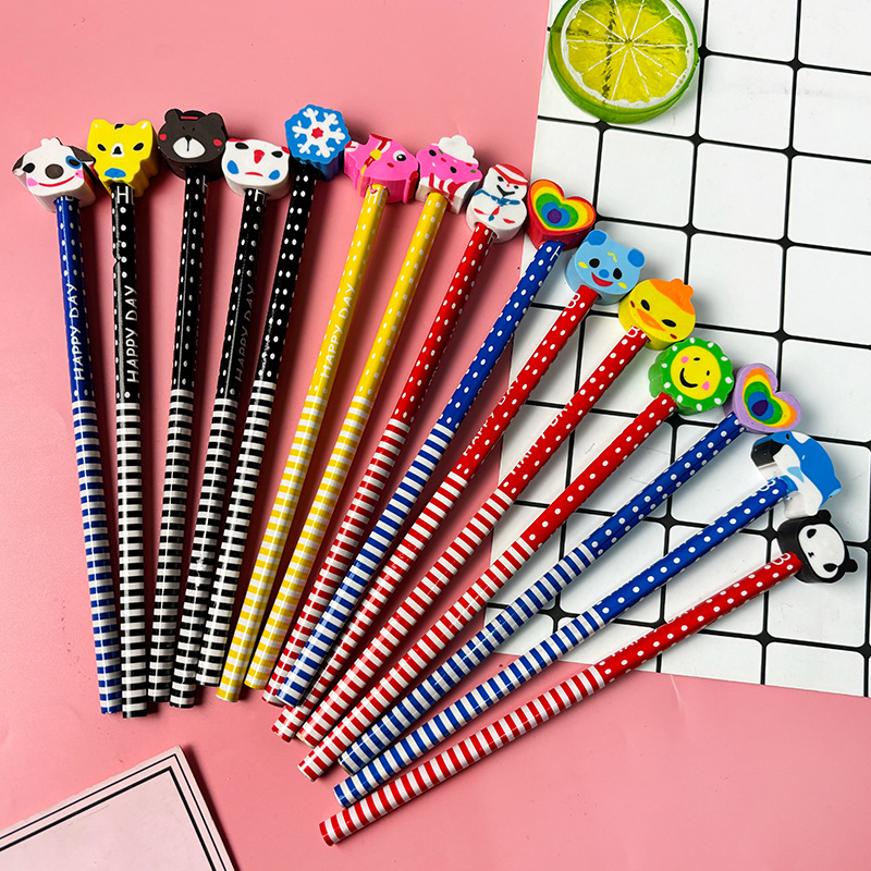 Cartoon rubber head pencil Primary School students drawing sketch pencil kindergarten striped HB pencil prize gift wholesale