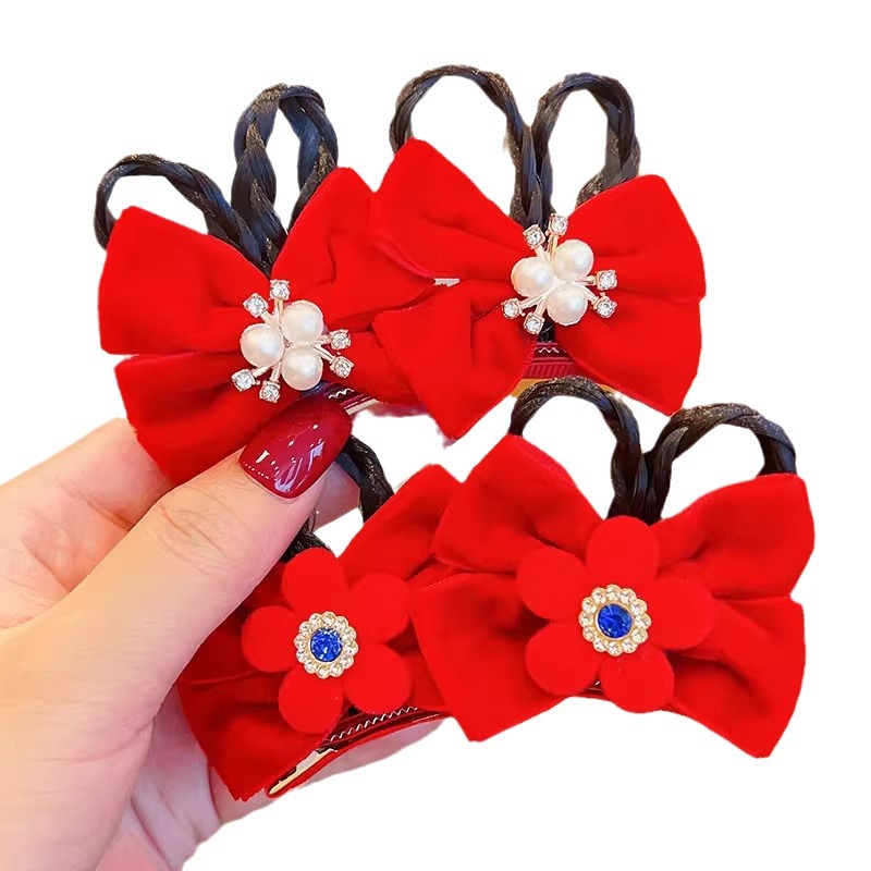 Picture of Children's Hairpin Headdress Little Girl Head Flower Cute Wig Braid Performance Bow Hairpin New Year's Eve Hair Accessories