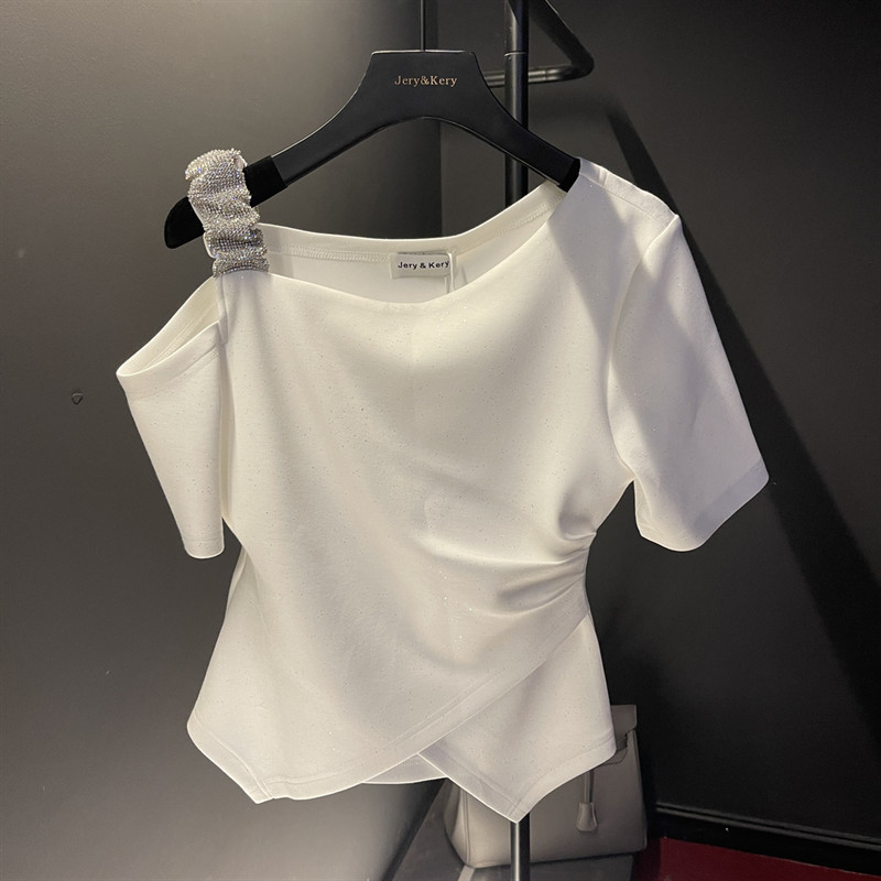 2025 Solid Color Rhinestone Shoulder Strap T-Shirt Women's Summer New Niche Design Sense
