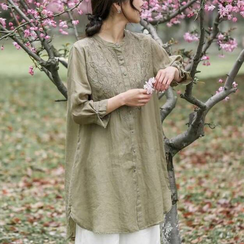 Picture of Women's Retro Embroidered Cotton and Linen Cardigan Long 2024 Summer Elegant Sun Protection Clothing Air-conditioning Shirt Casual Style Jacket