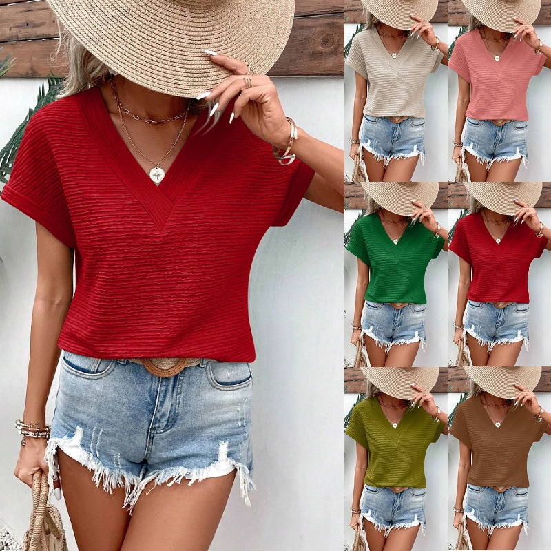 2025 Cross-Border European and American Clothing Amazon Independent Station Spring and Summer New Fashion Loose V Neck Short-Sleeved T-Shirt Top