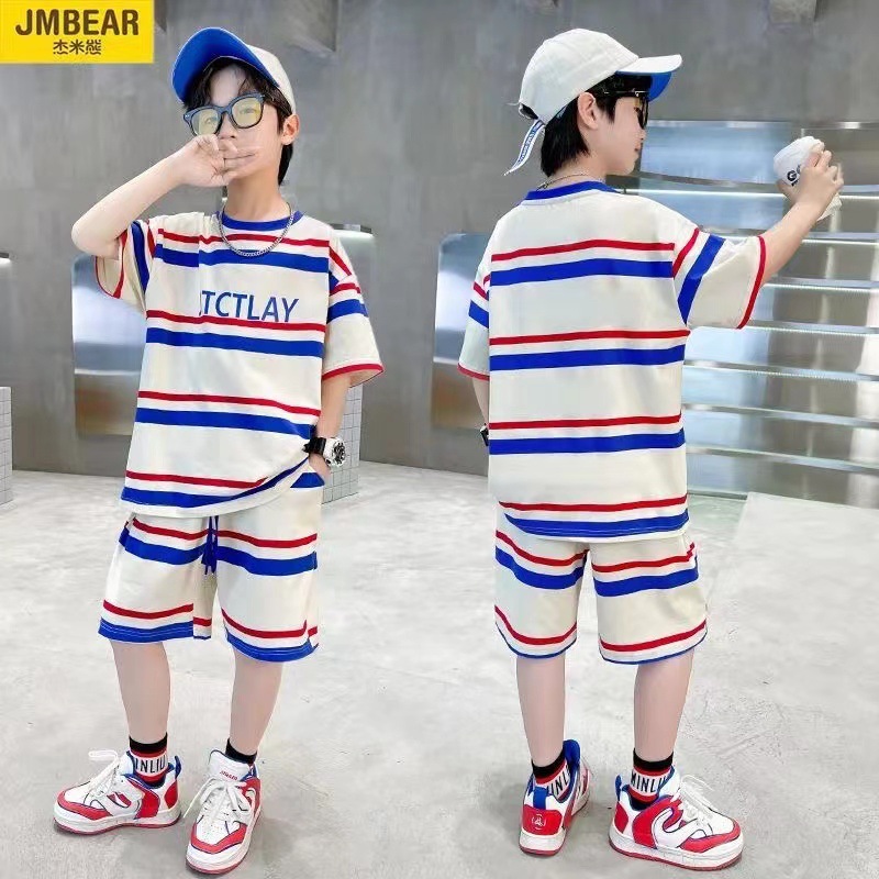 Picture of Children's Boys Summer Suit Korean Style Stripesd 2025 New Internet Celebrity Thin Short-Sleeved Clothes Cool Trendy Kidsren's Two-Piece Set