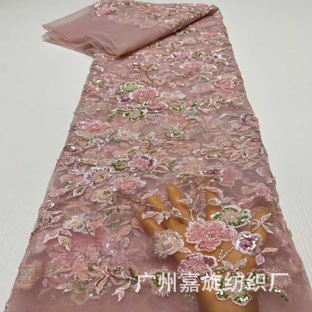 Heavy industry pink national style embroidery bead tube sequin embroidery fabric embroidery flower vest cheongsam skirt dress embroidered cloth