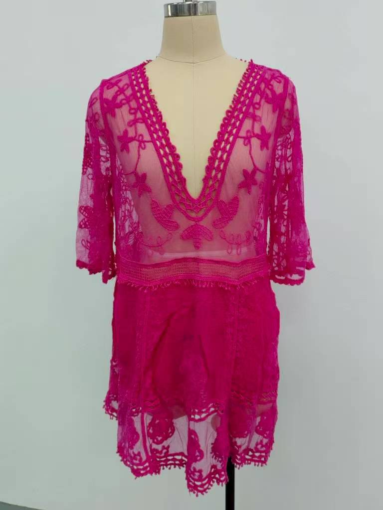 Picture of European and American Cross-border Special for New V-neck Lace Embroidered Sunscreen Sexy Bikini Swimsuit Beach Blouse Women