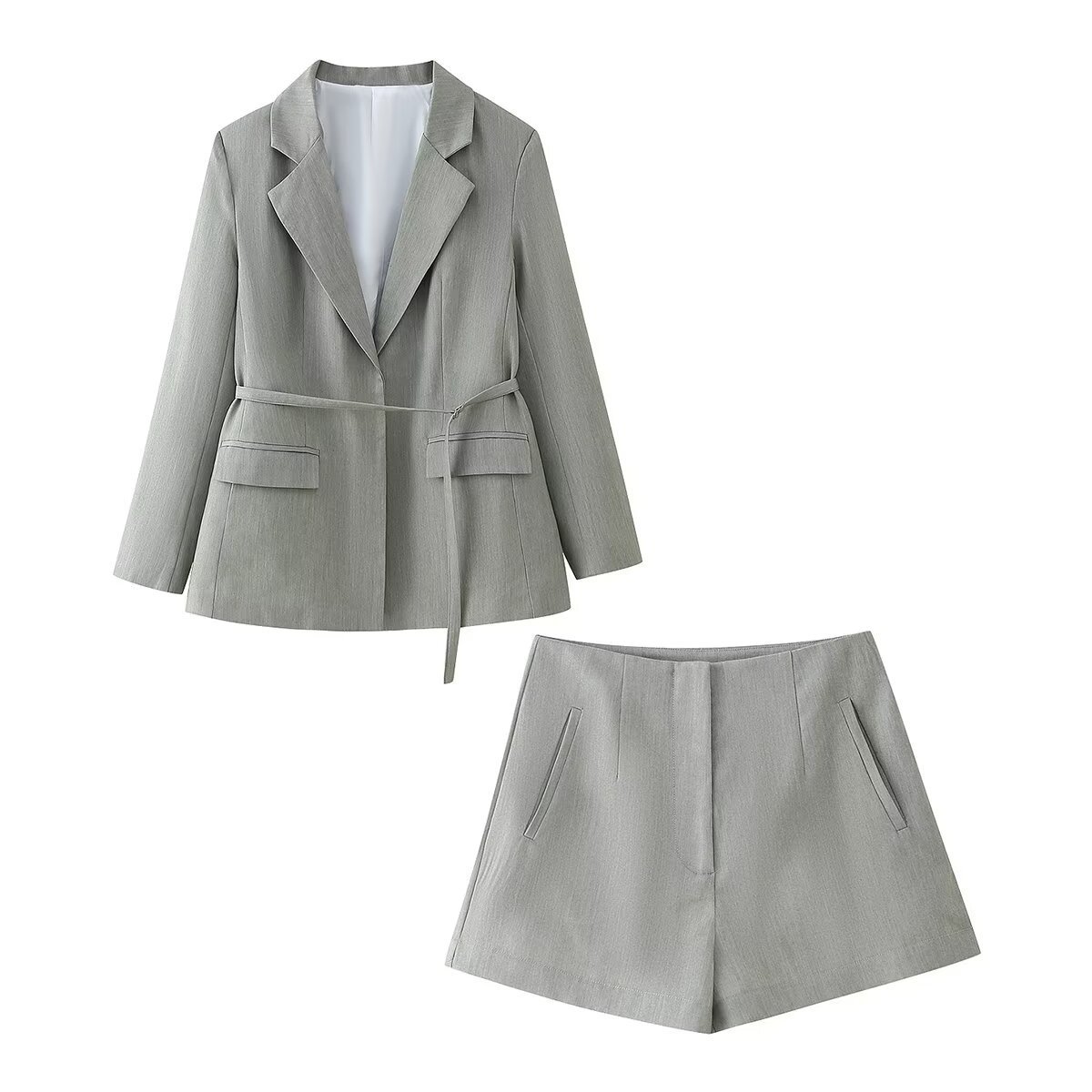 Cross-border Amazon 2024 Summer European and American Women's Loose Belt Suit Jacket Three-point Shorts Two-piece D1
