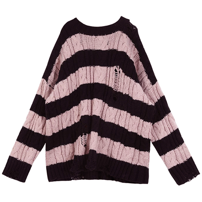 Picture of Pink Striped Loose Lazy Hole First Love Sweater Women's Autumn and Winter Sweater Design Sense