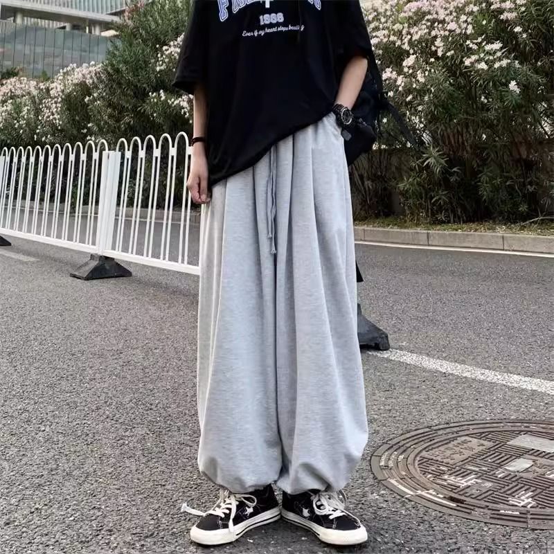 plus size Women's Grey Wide Leg Pants Summer Thin Fat Japanese Style Retro Hip-Hop Loose Wide Leg Pants Trendy for Men and Women