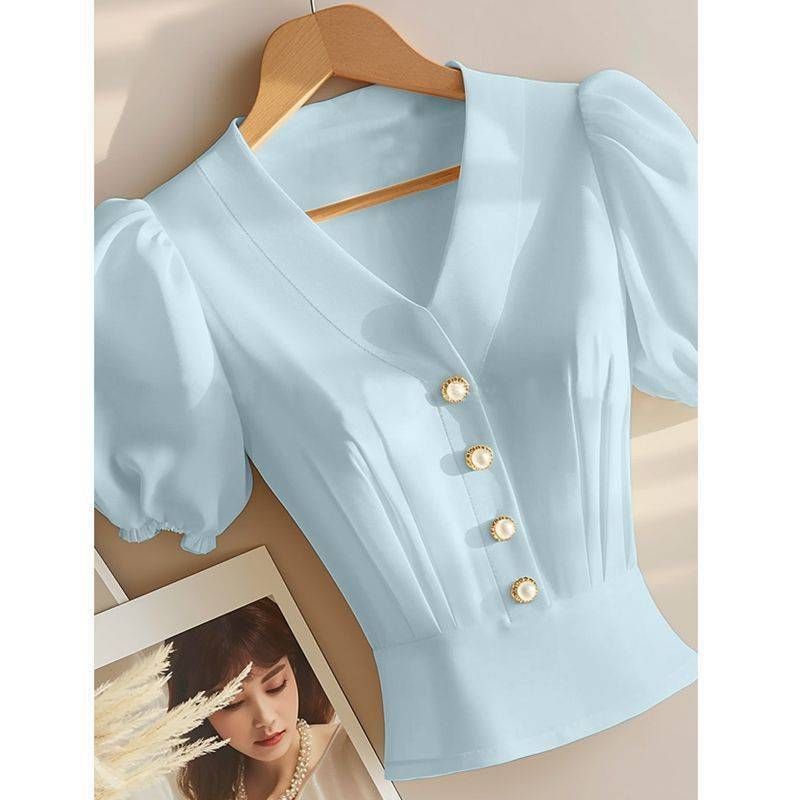 Picture of 2025 Spring New Fashion Korean Style Blue Collar Shirt Lightweight and Elegant Commuting Wear