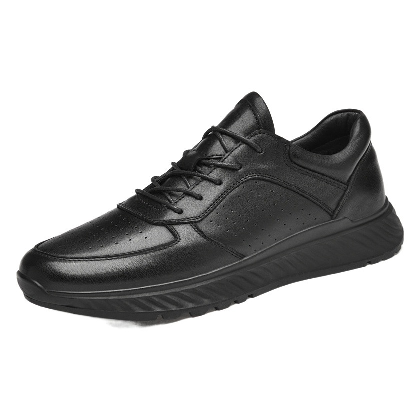 95561 men's shoes sports leather shoes spring and summer low-top leather top layer cowhide surface pure black running casual shoes plus size