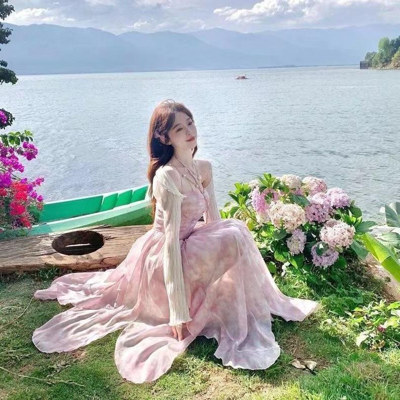 Summer new design French super fairy style irregular seaside holiday beach dress floral strap dress