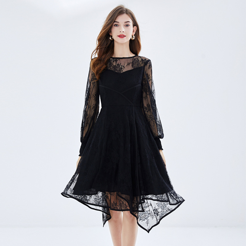 Picture of Spring and Summer New Sweet Style Large Size Young Dress Chubby Perspective Lace Wrap Lantern Sleeve Sun-proof Small Black Dress