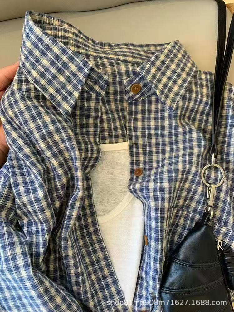 Blue Plaid Shirt with Spring and Autumn Women's Stacked Shirt Niche Design Top Spring Casual Jacket
