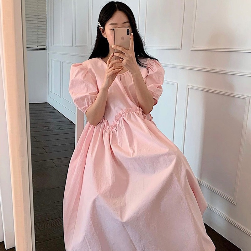 plus size South Korea Chic Summer Sweet Elegant Round Neck Pleated Stitching Ear Edge Loose Puff Sleeve dress Women