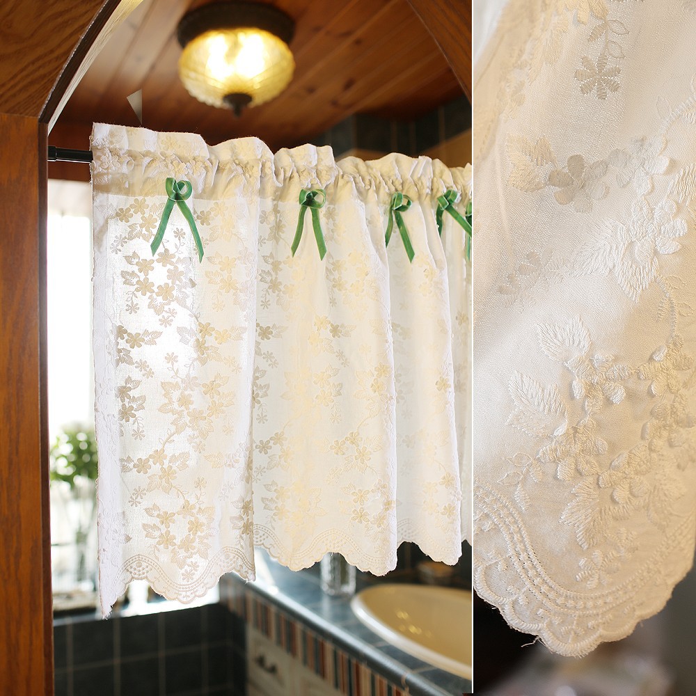 Picture of Nordic American Style British White Flower Embroidered Half Curtain Wearing Rod Curtain Mantle Head Cabinet Door Curtain Punch-free Cabinet Curtain Curtain