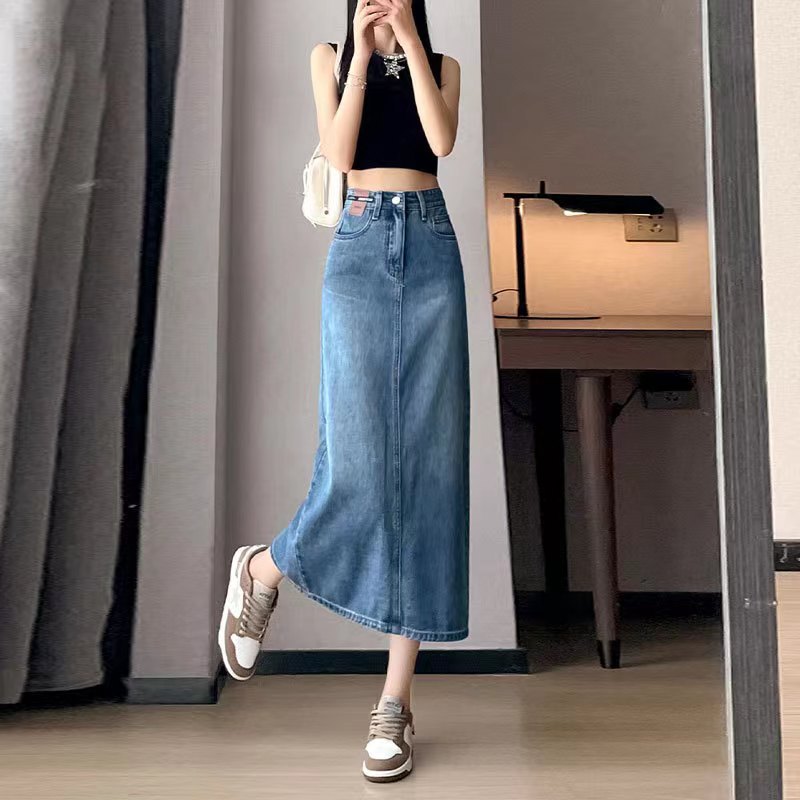 Split Denim Skirt Women's New Autumn Ins-style Korean-style Design Retro High Waist Niche A- line Hip Half-length Skirt