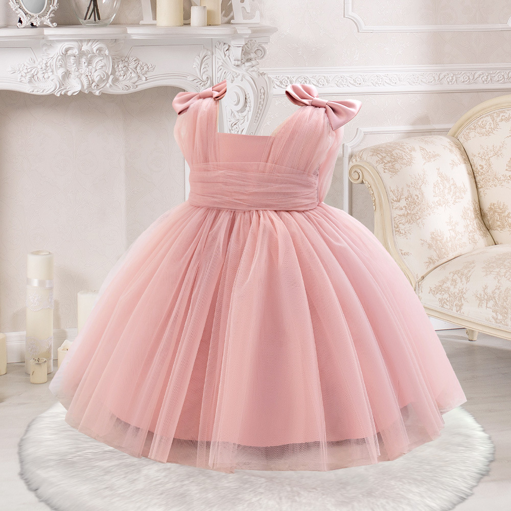 Amazon New Baby Children's Dress Sleeveless Bow Waist Pleated Mesh Puff Dress Wedding Flower Dress