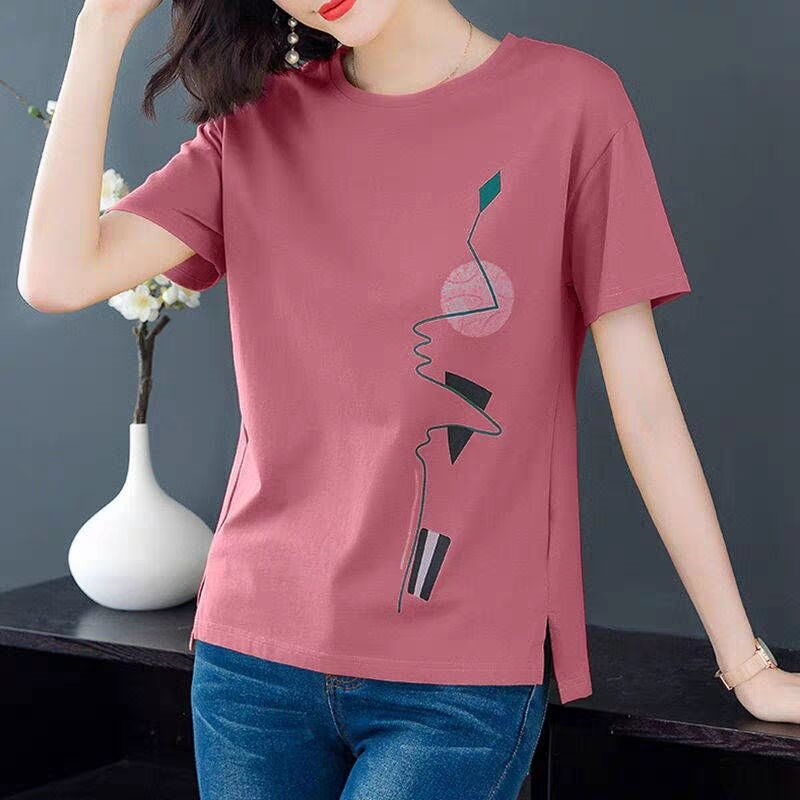 Picture of Short-sleeved T-shirt Women's 2025 New Women's Summer Korean-style Loose plus size chubby girl Artistic Printed T-shirt Trendy Top
