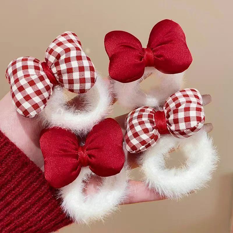Sweet Girl Red Plaid Bow Hair Rope Girl's Plush Hair Rope Hair Rope Hair Strap Hair Ball Hair Accessories